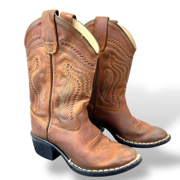 Old West Brown Leather Western Cowboy Boots Kids Size Unknown 8124 - Picture 1 of 6